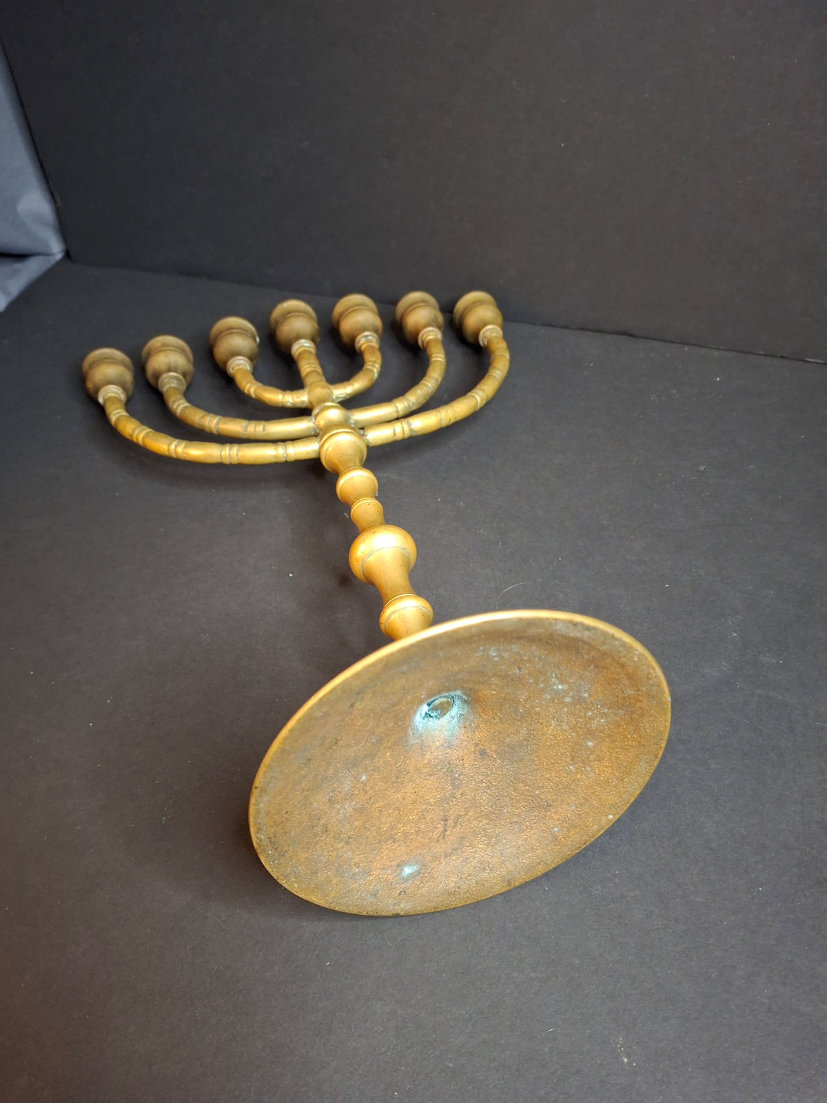 Antique Brass 7 Arm Menorah Candelabra Temple Style Polish Eastern European Judaica