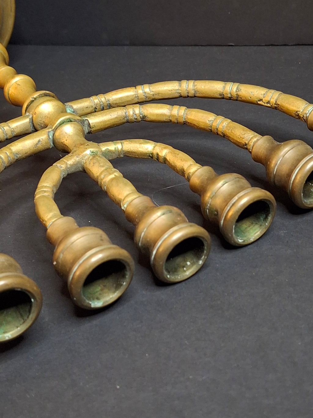 Antique Brass 7 Arm Menorah Candelabra Temple Style Polish Eastern European Judaica