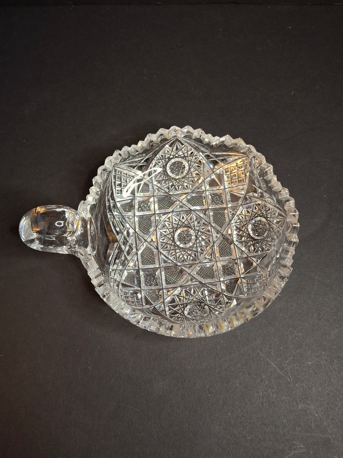 Antique ABP Cut Glass Handled Nappy Bowl Hobstar Star Fine Diamond Rim 7"