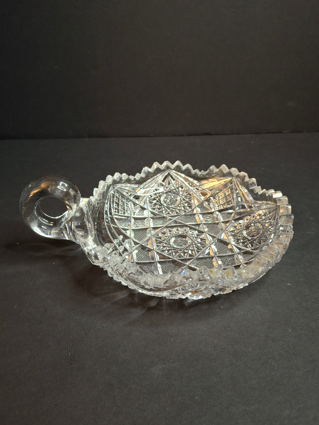 Antique ABP Cut Glass Handled Nappy Bowl Hobstar Star Fine Diamond Rim 7"