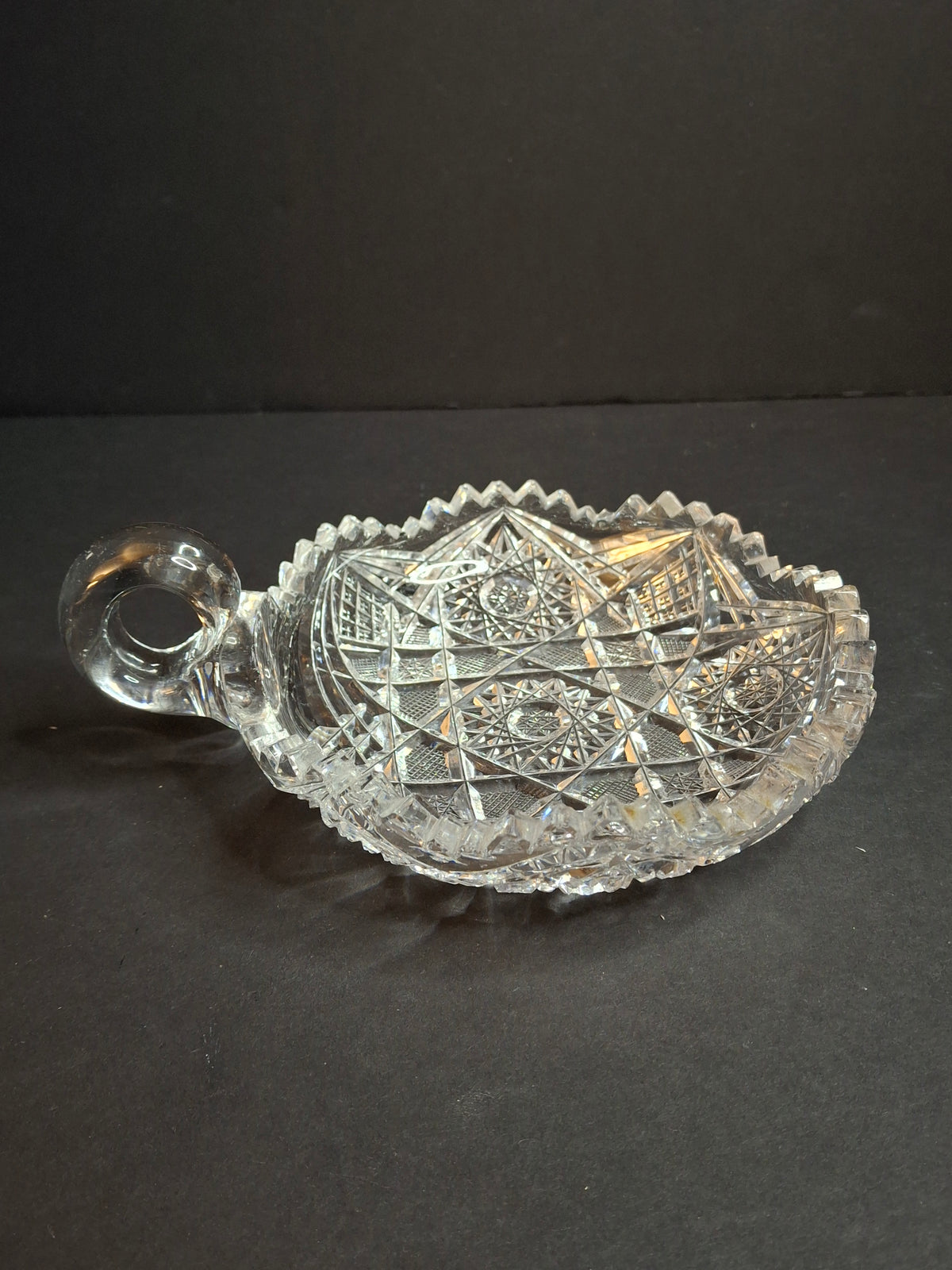 Antique ABP Cut Glass Handled Nappy Bowl Hobstar Star Fine Diamond Rim 7"