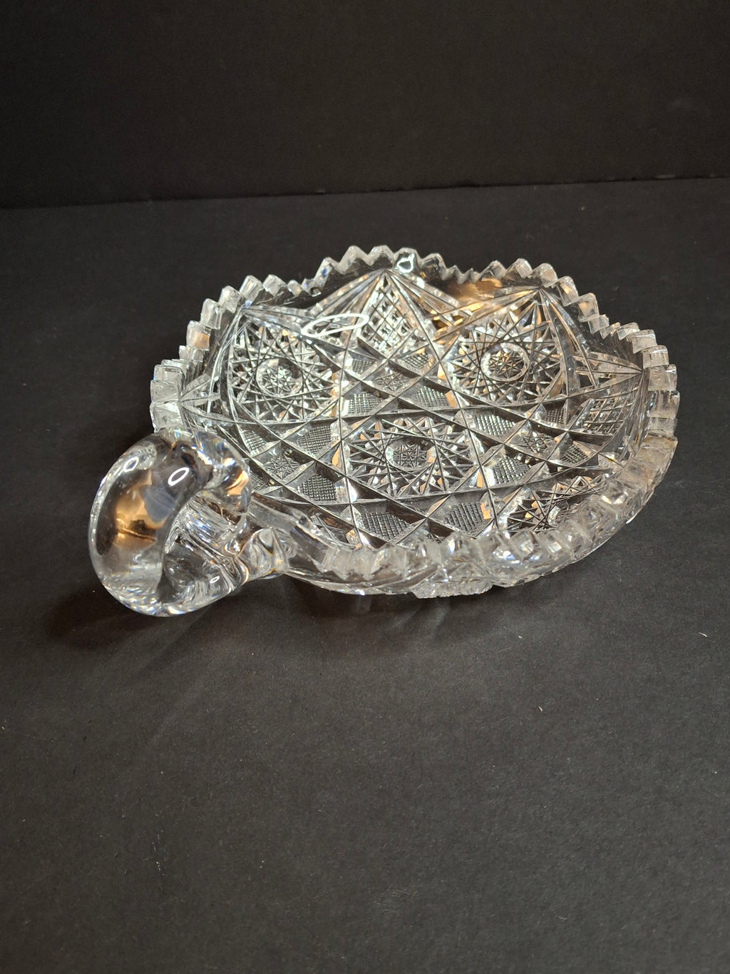 Antique ABP Cut Glass Handled Nappy Bowl Hobstar Star Fine Diamond Rim 7"