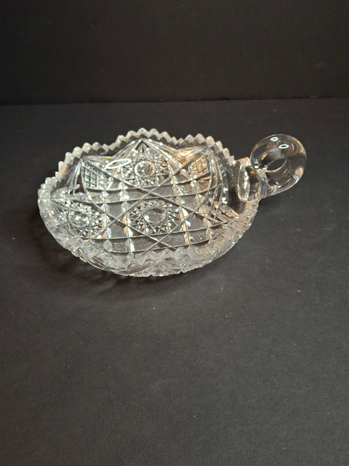 Antique ABP Cut Glass Handled Nappy Bowl Hobstar Star Fine Diamond Rim 7"