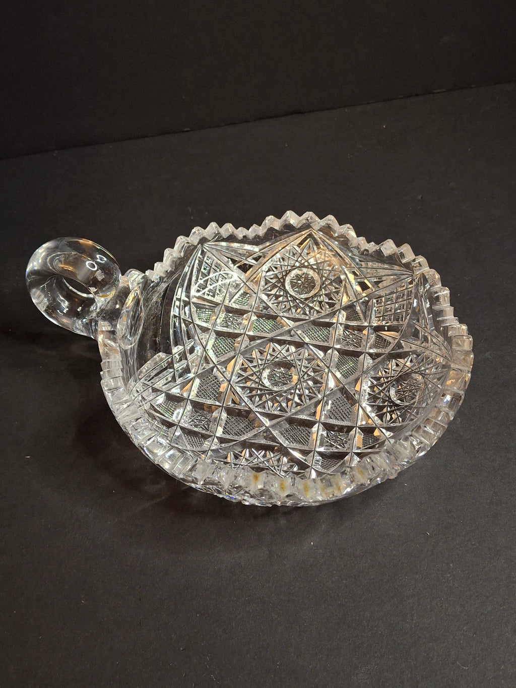 Antique ABP Cut Glass Handled Nappy Bowl Hobstar Star Fine Diamond Rim 7"