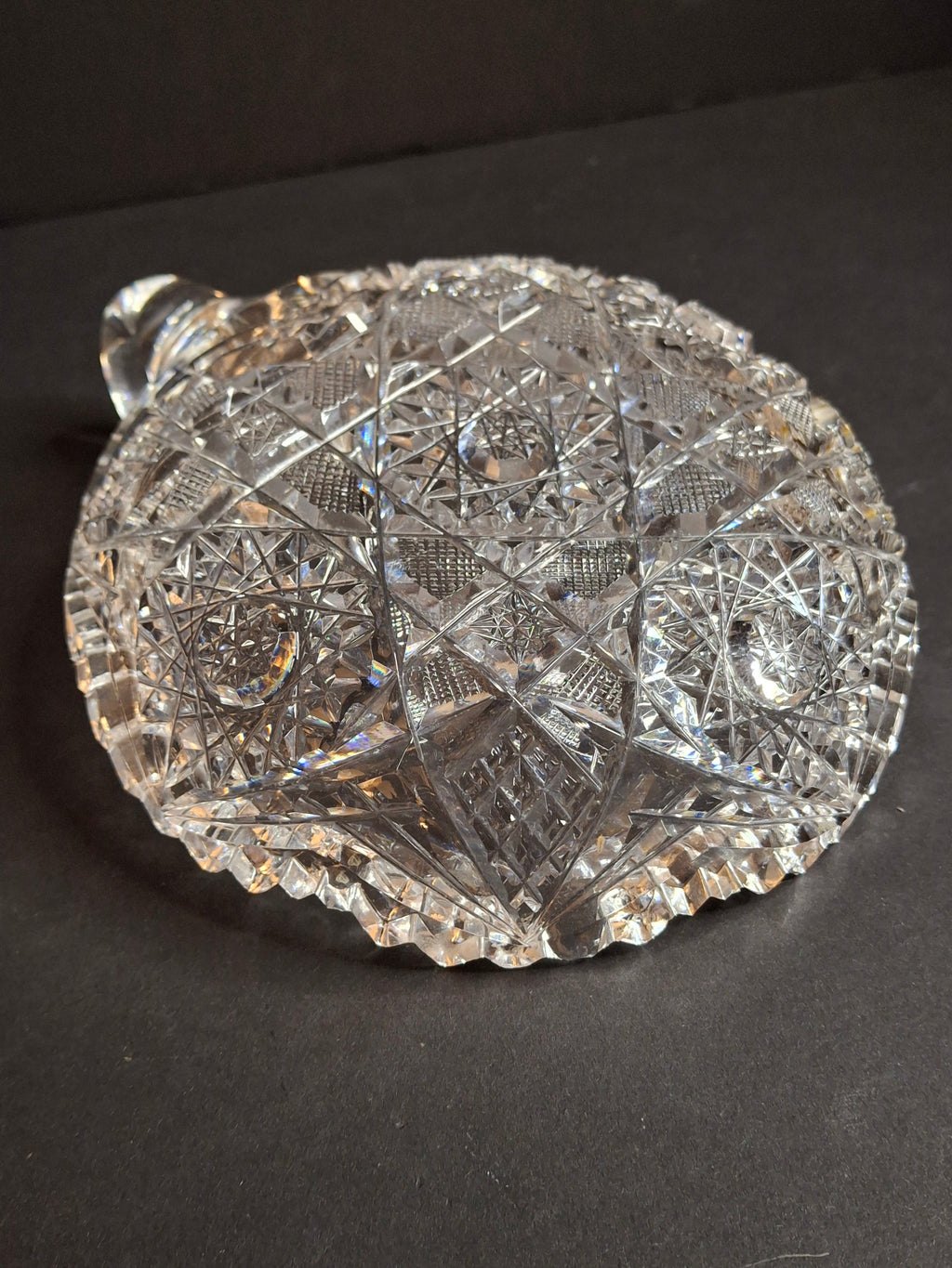 Antique ABP Cut Glass Handled Nappy Bowl Hobstar Star Fine Diamond Rim 7"