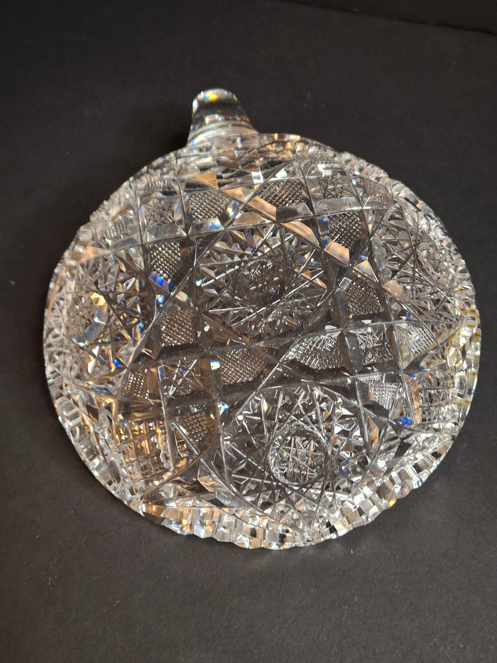 Antique ABP Cut Glass Handled Nappy Bowl Hobstar Star Fine Diamond Rim 7"