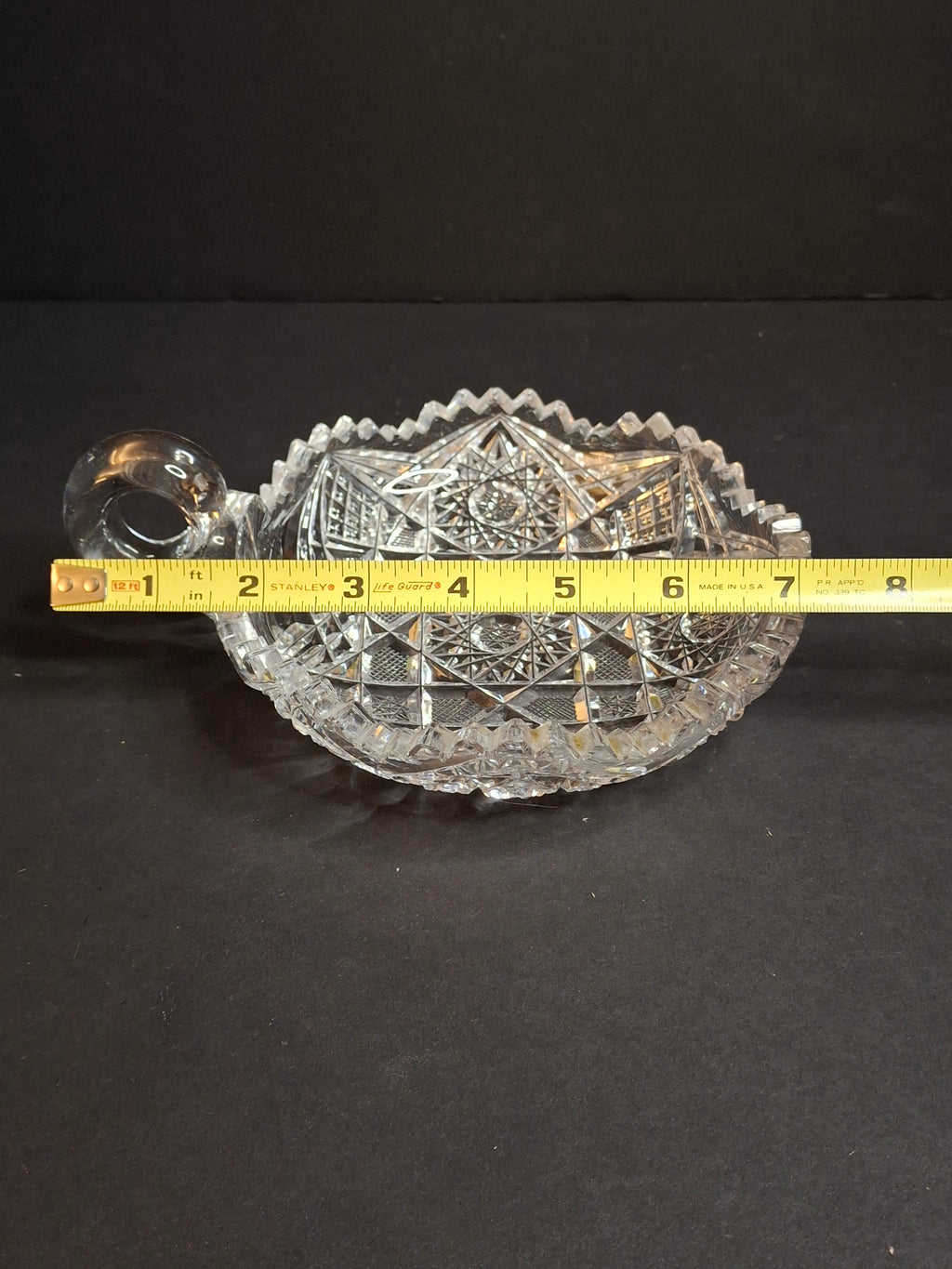 Antique ABP Cut Glass Handled Nappy Bowl Hobstar Star Fine Diamond Rim 7"