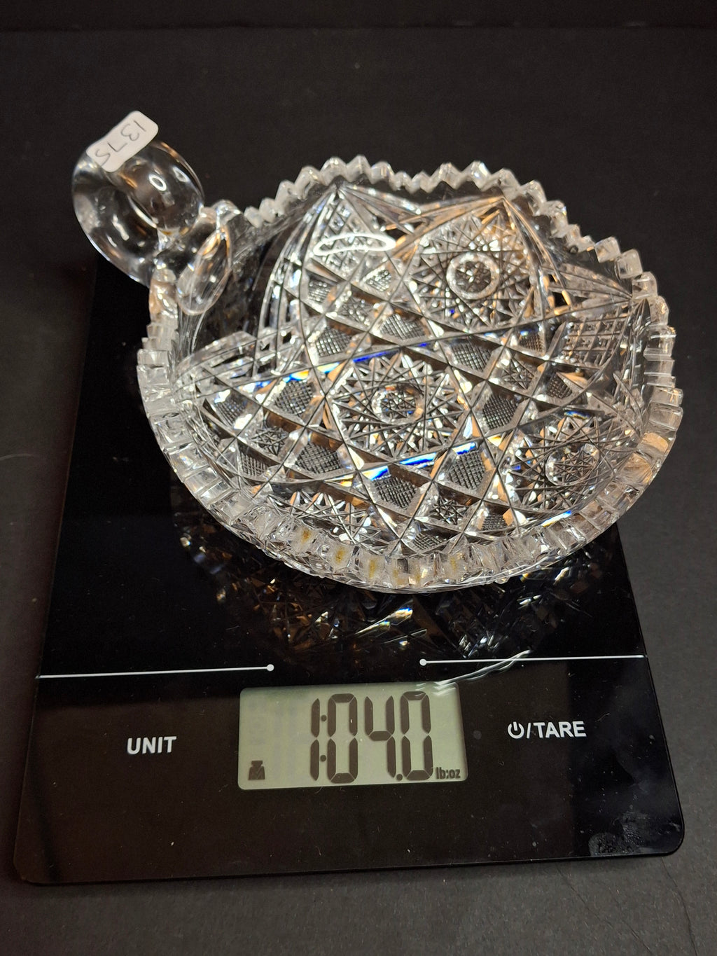 Antique ABP Cut Glass Handled Nappy Bowl Hobstar Star Fine Diamond Rim 7"