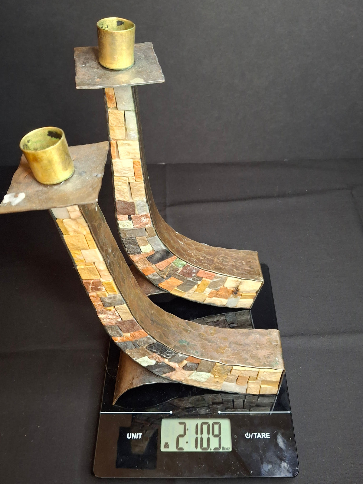 Vintage Mid-Century Eilon Mosaics Hand-Hammered Copper & Holy Land Stone Shofar Shabbat Rosh Hashanah Candlesticks Judaica