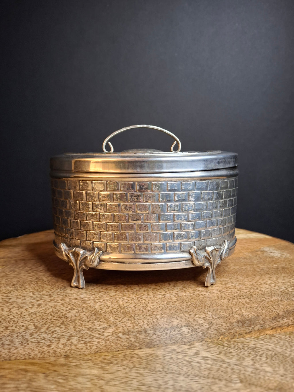 Vintage Silver Plated Etrog Box Brick Basketweave Sukkot Judaica Hebrew Inscribed 124 Mark