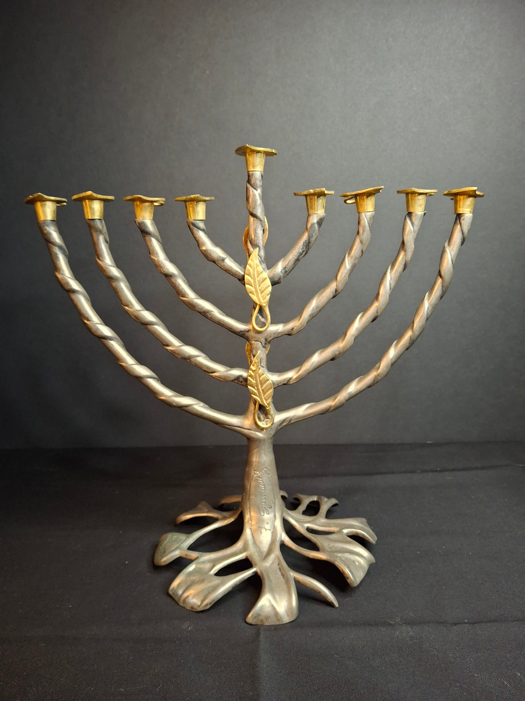 Vintage Fred Spinowitz Tree of Life Hanukkah Menorah Signed Judaica Silver Tone Brass Leaves Chanukiah