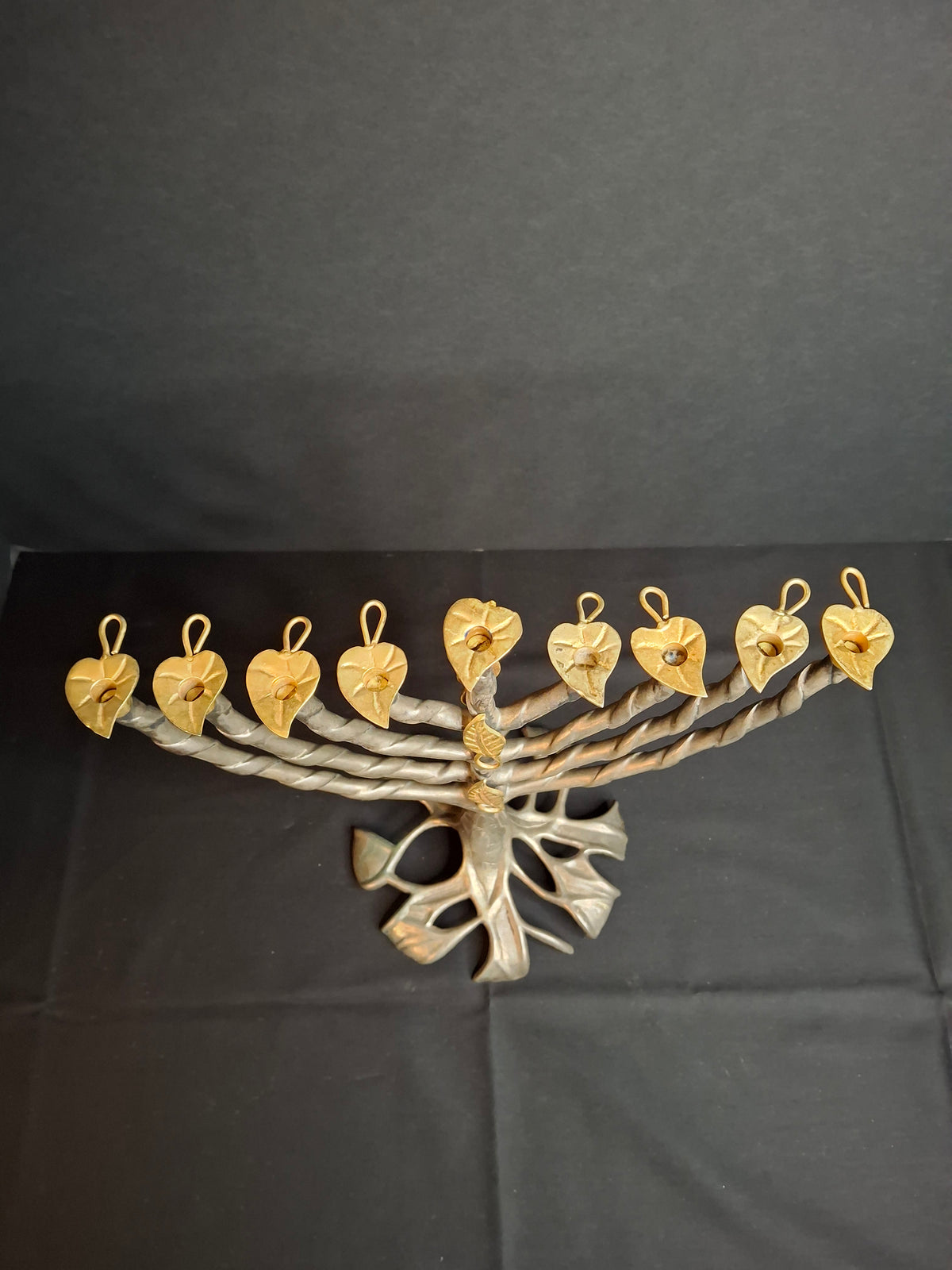 Vintage Fred Spinowitz Tree of Life Hanukkah Menorah Signed Judaica Silver Tone Brass Leaves Chanukiah