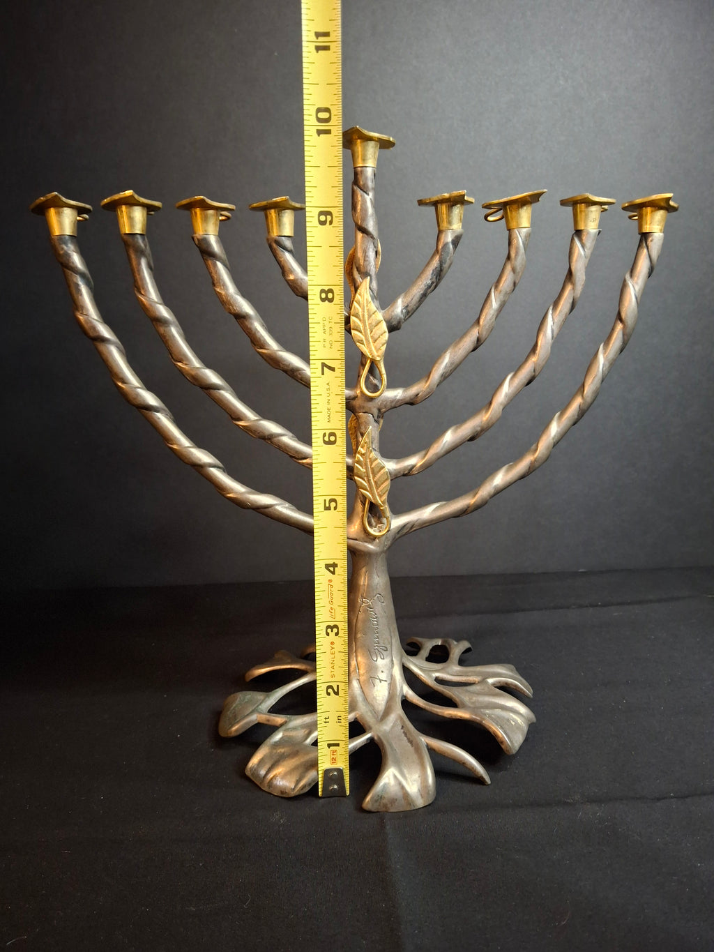 Vintage Fred Spinowitz Tree of Life Hanukkah Menorah Signed Judaica Silver Tone Brass Leaves Chanukiah