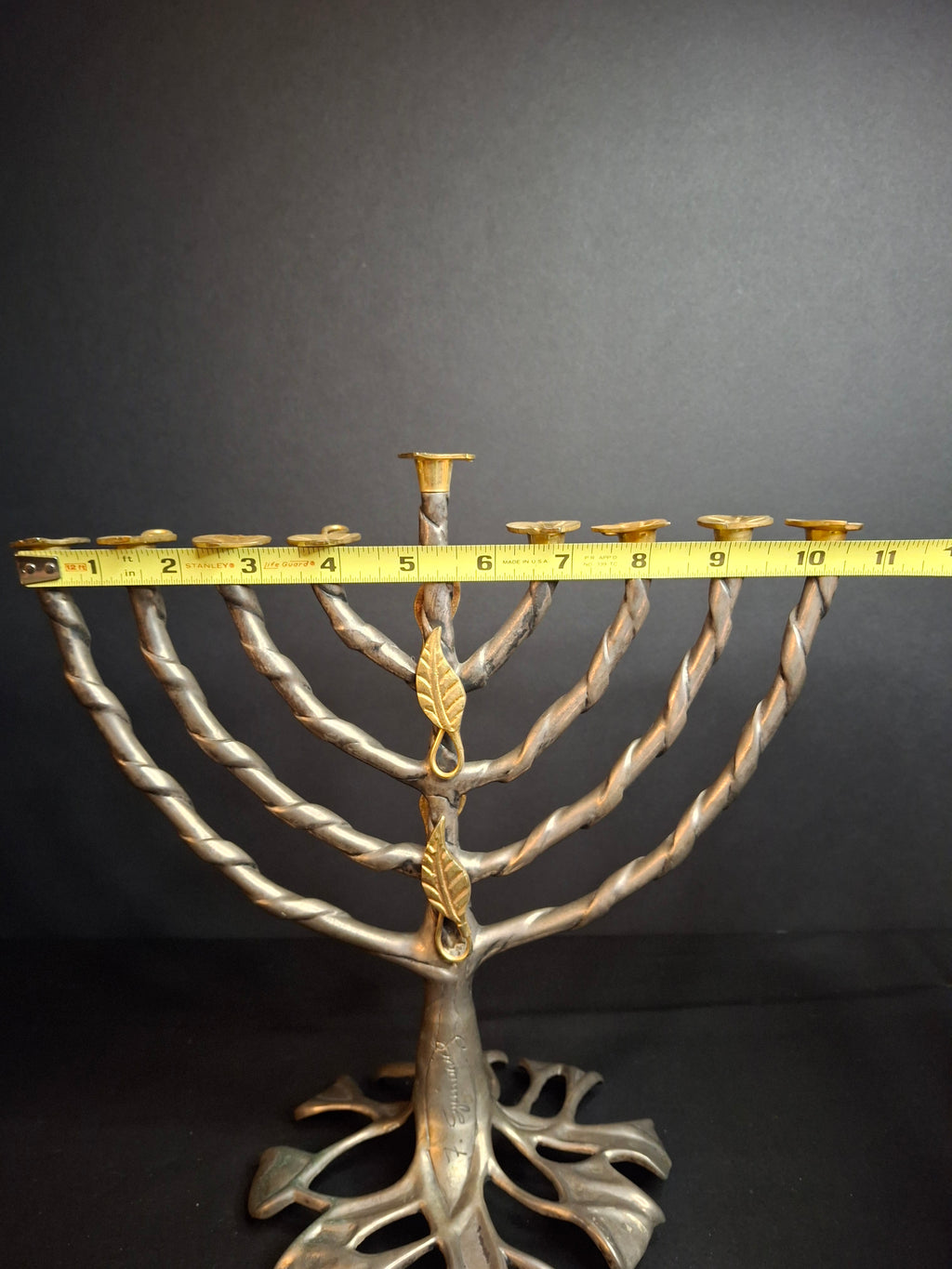 Vintage Fred Spinowitz Tree of Life Hanukkah Menorah Signed Judaica Silver Tone Brass Leaves Chanukiah
