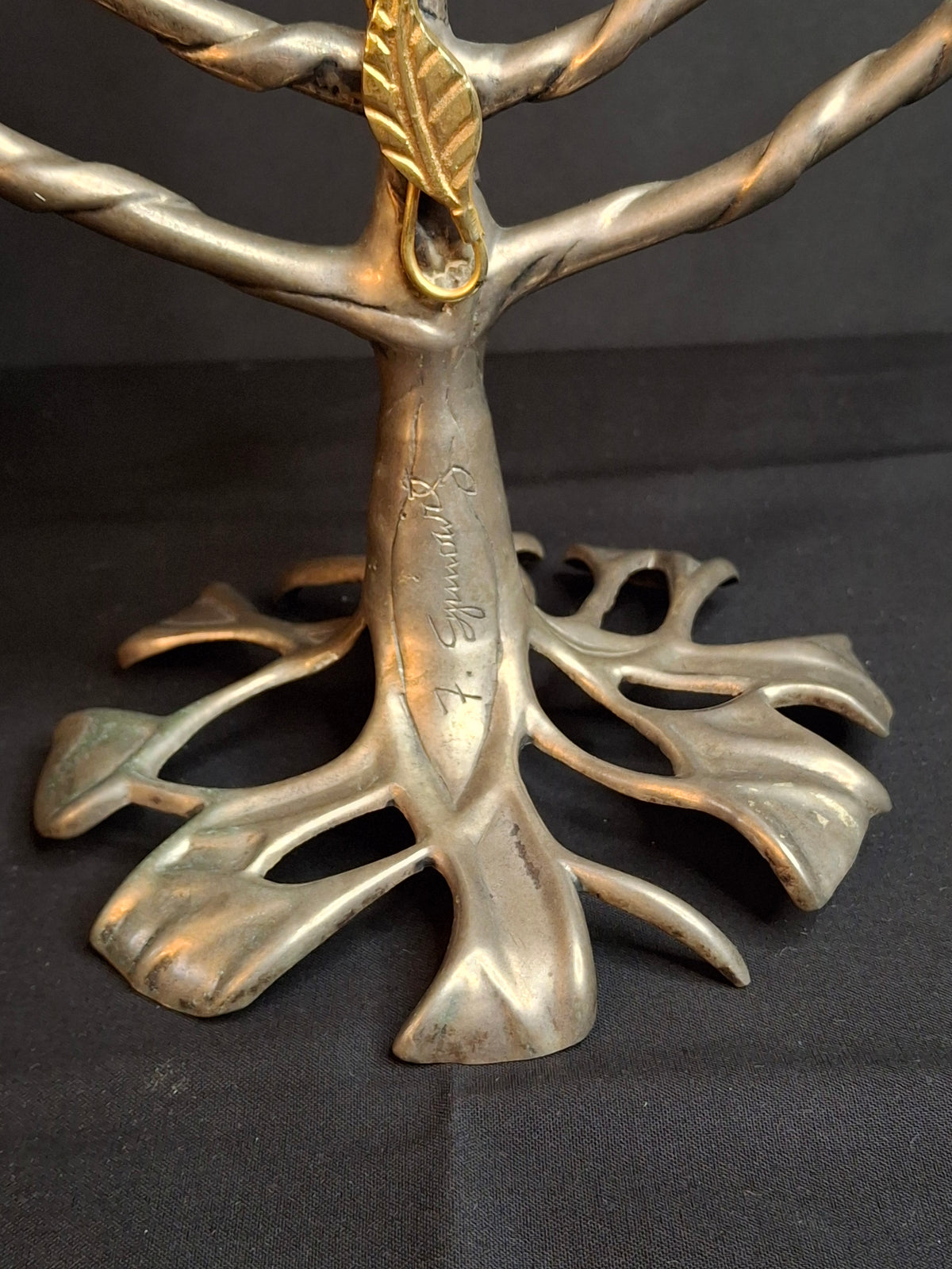 Vintage Fred Spinowitz Tree of Life Hanukkah Menorah Signed Judaica Silver Tone Brass Leaves Chanukiah