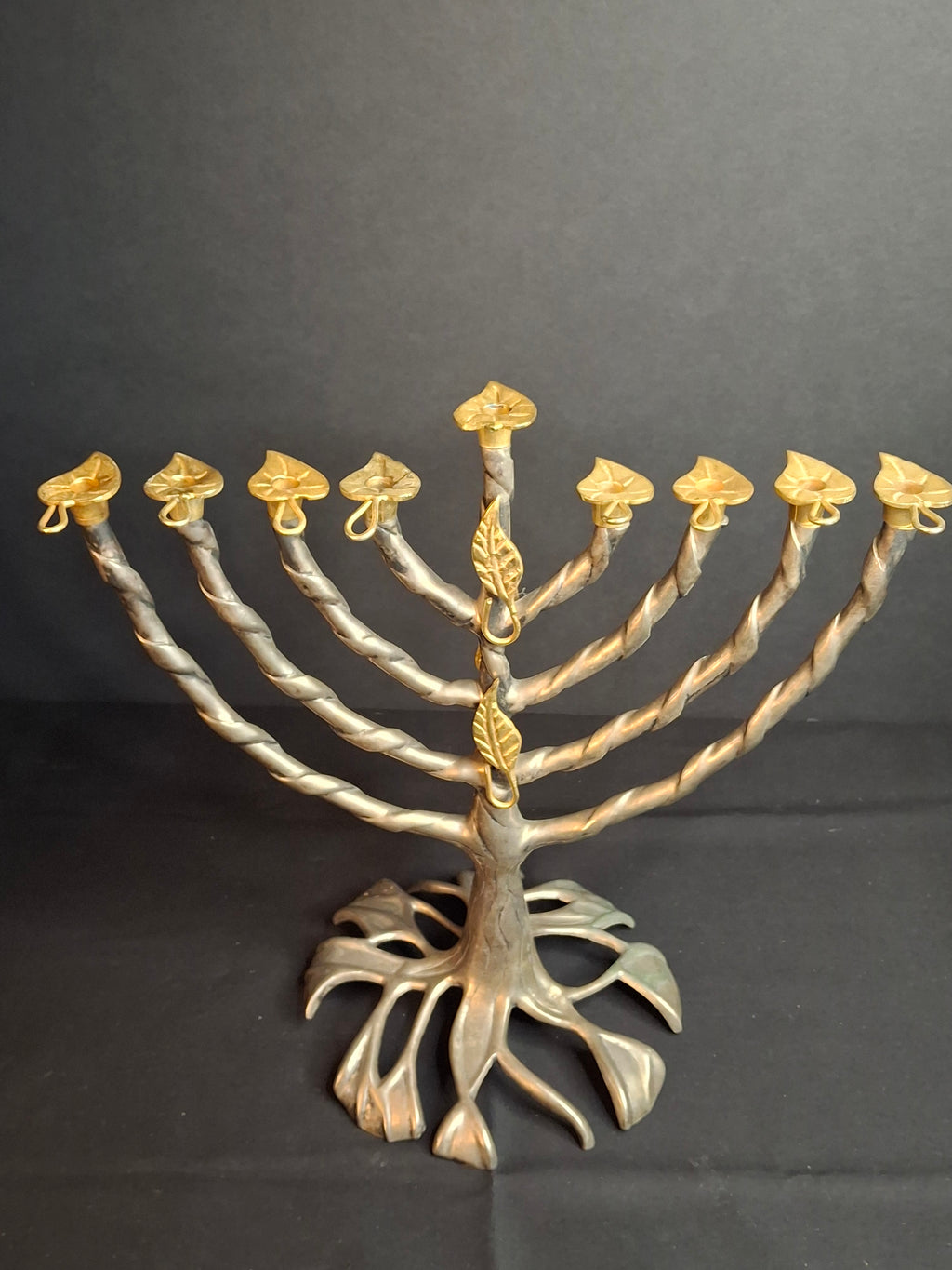 Vintage Fred Spinowitz Tree of Life Hanukkah Menorah Signed Judaica Silver Tone Brass Leaves Chanukiah