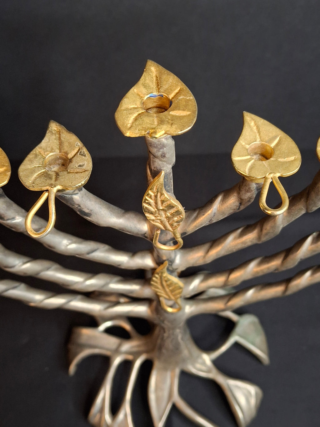 Vintage Fred Spinowitz Tree of Life Hanukkah Menorah Signed Judaica Silver Tone Brass Leaves Chanukiah