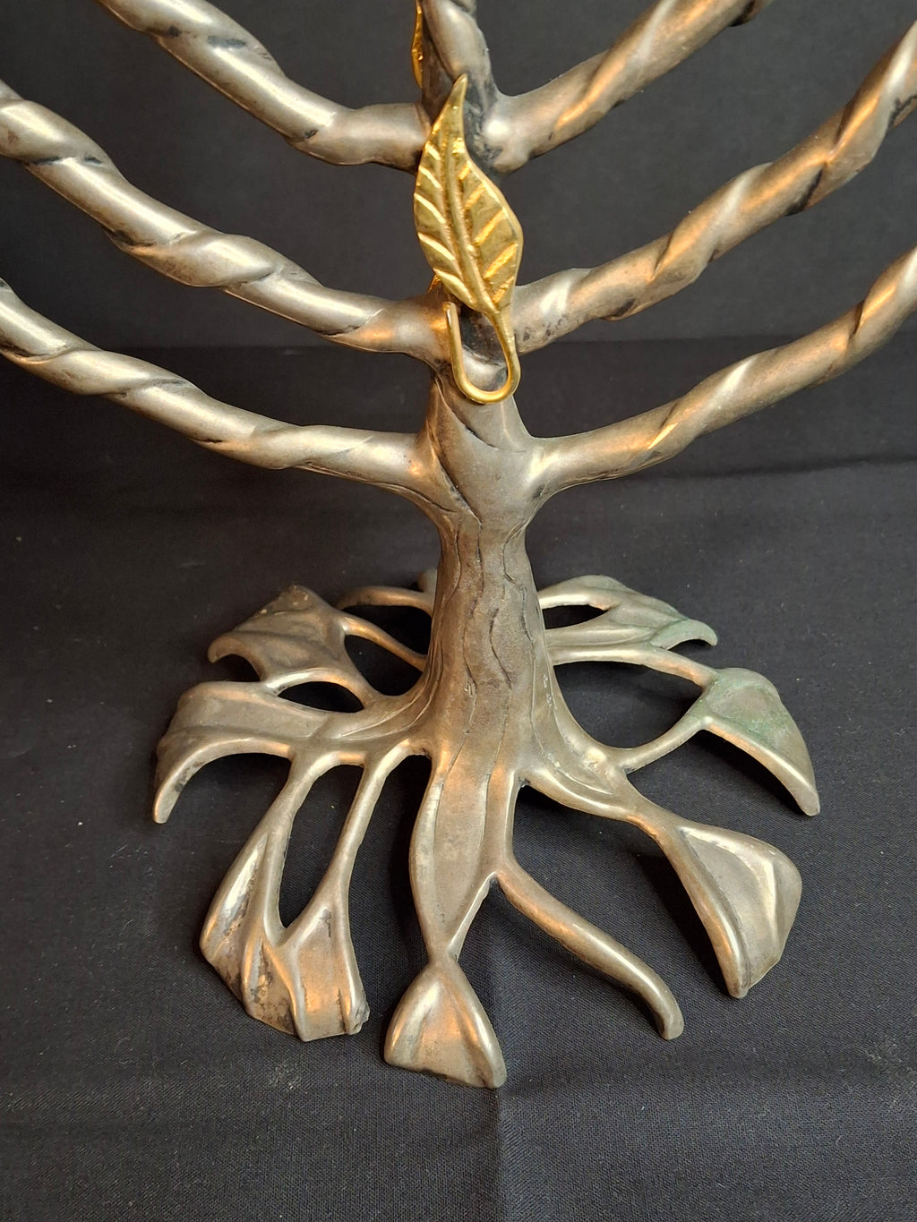 Vintage Fred Spinowitz Tree of Life Hanukkah Menorah Signed Judaica Silver Tone Brass Leaves Chanukiah
