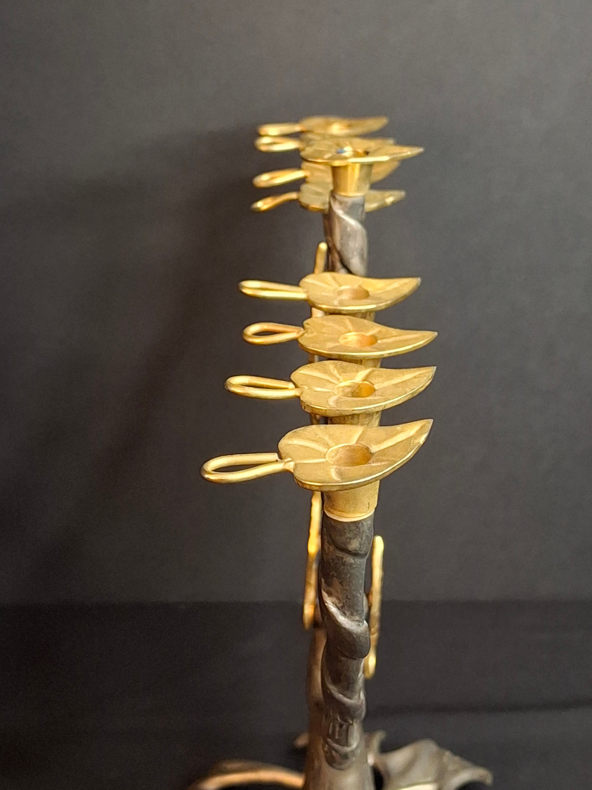 Vintage Fred Spinowitz Tree of Life Hanukkah Menorah Signed Judaica Silver Tone Brass Leaves Chanukiah