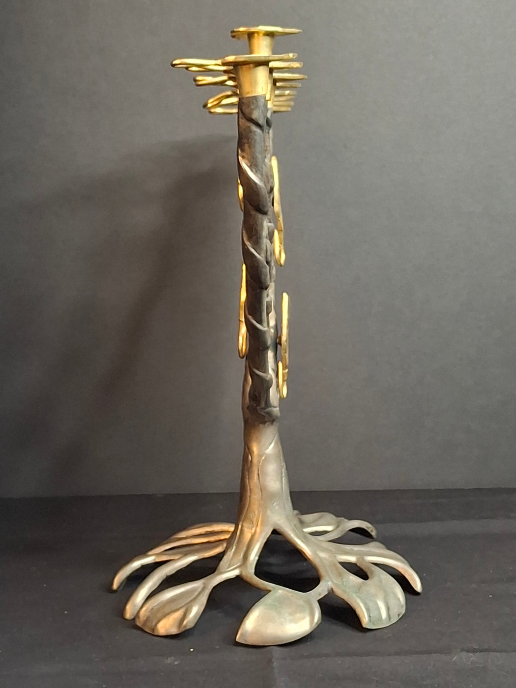 Vintage Fred Spinowitz Tree of Life Hanukkah Menorah Signed Judaica Silver Tone Brass Leaves Chanukiah