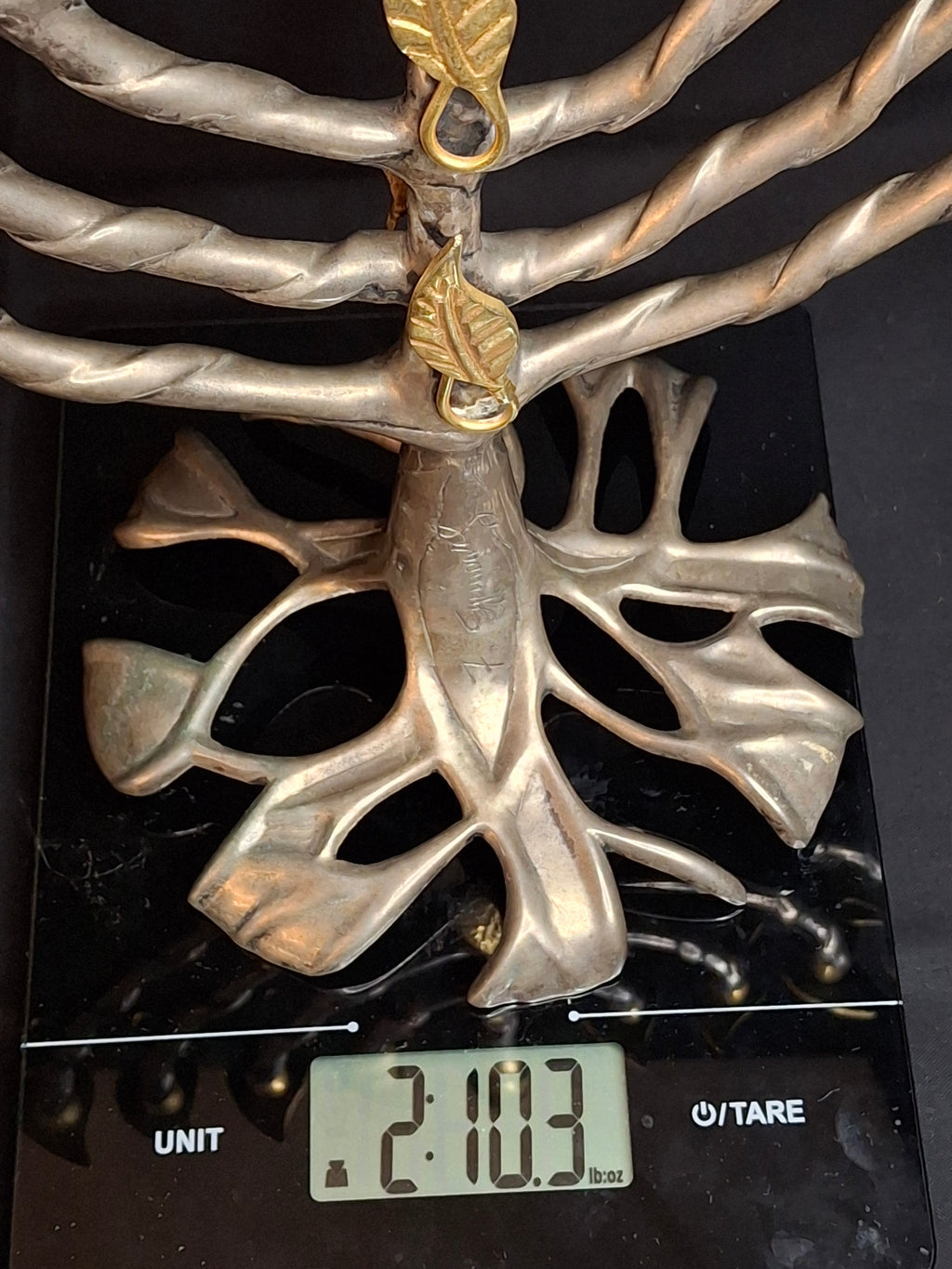 Vintage Fred Spinowitz Tree of Life Hanukkah Menorah Signed Judaica Silver Tone Brass Leaves Chanukiah