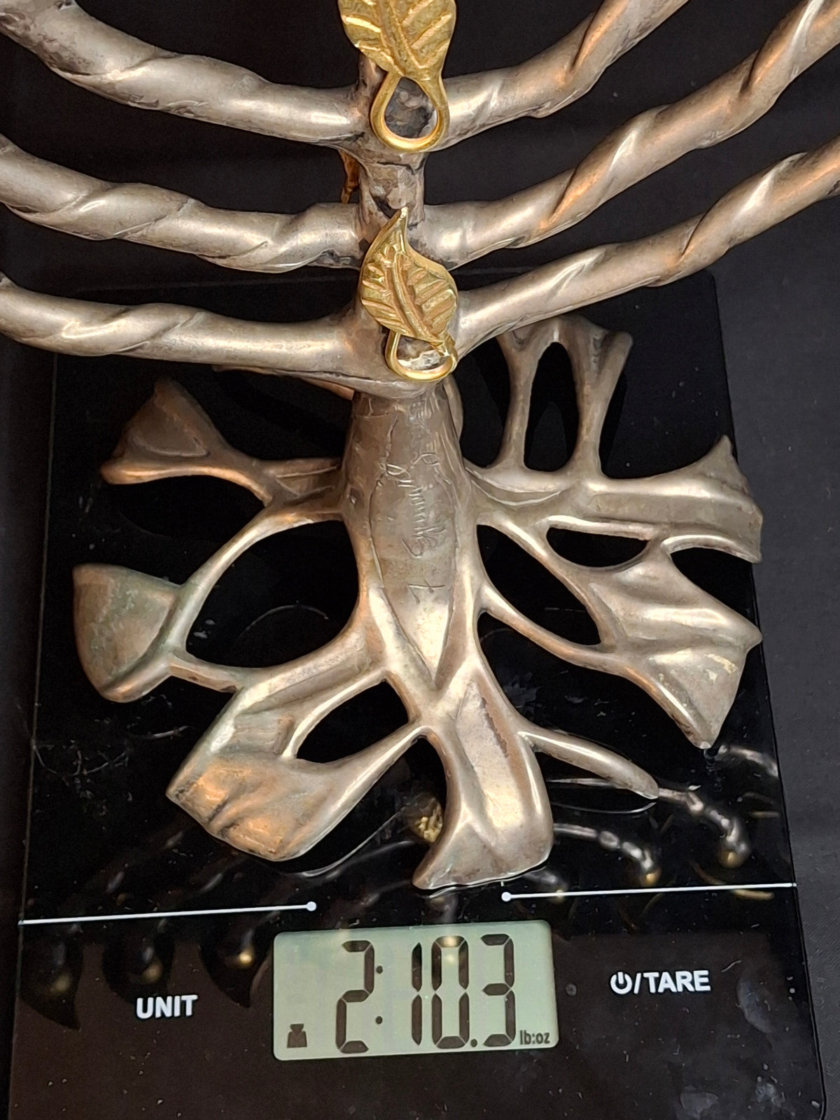Vintage Fred Spinowitz Tree of Life Hanukkah Menorah Signed Judaica Silver Tone Brass Leaves Chanukiah