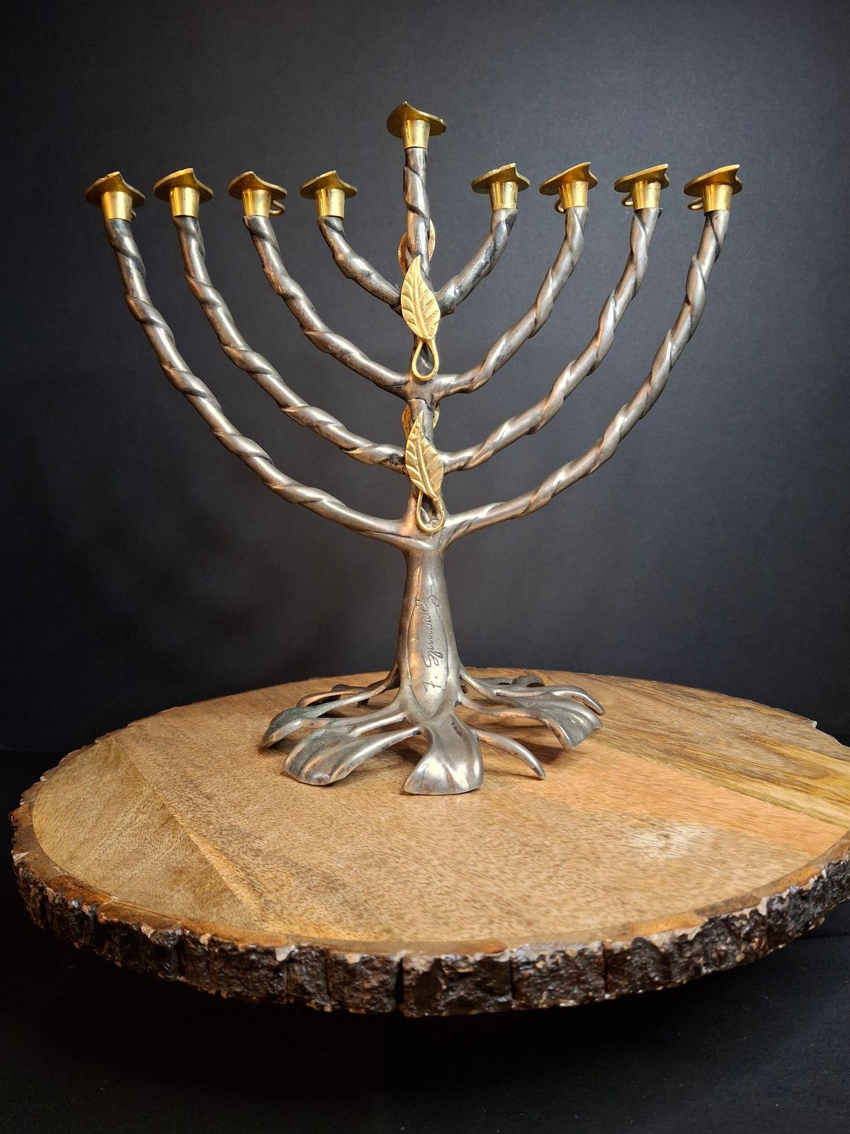 Vintage Fred Spinowitz Tree of Life Hanukkah Menorah Signed Judaica Silver Tone Brass Leaves Chanukiah