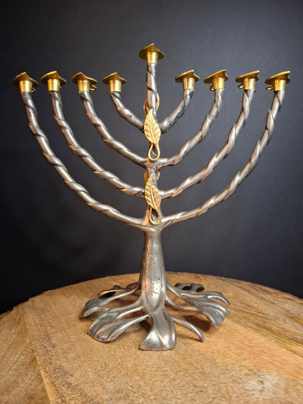 Vintage Fred Spinowitz Tree of Life Hanukkah Menorah Signed Judaica Silver Tone Brass Leaves Chanukiah
