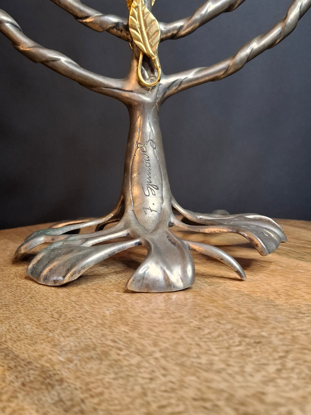 Vintage Fred Spinowitz Tree of Life Hanukkah Menorah Signed Judaica Silver Tone Brass Leaves Chanukiah