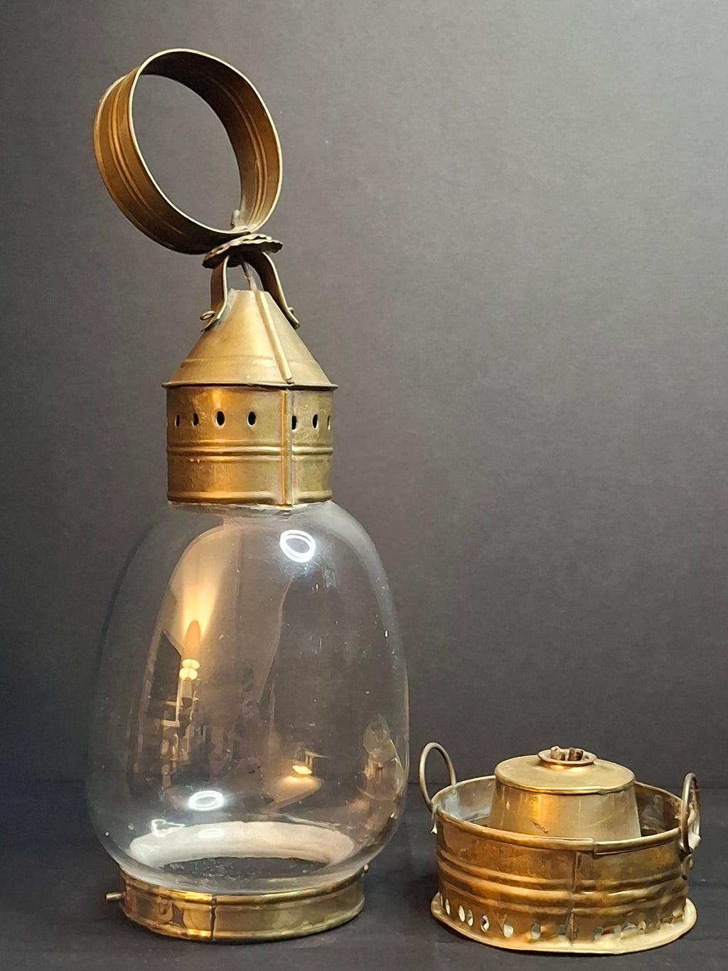 Antique 1840s Heavy Brass Whale Oil Lantern Fixed Globe Pear Shape Thick Glass