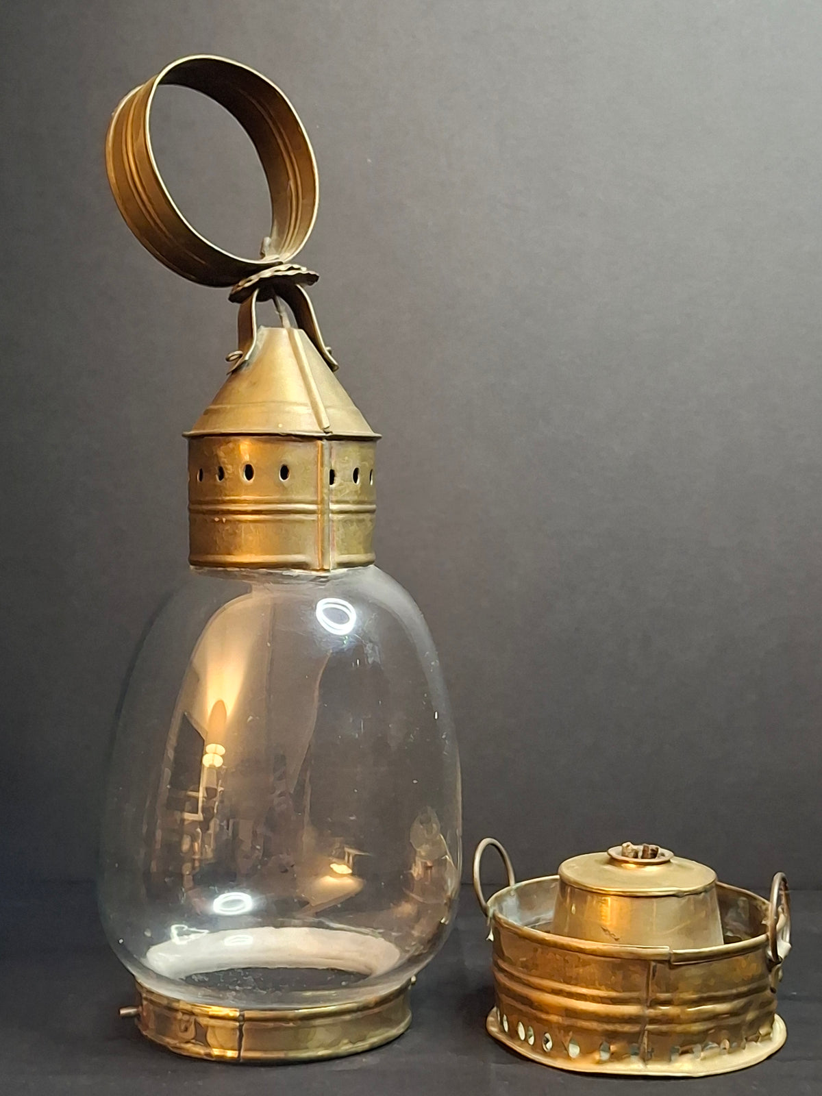 Antique 1840s Heavy Brass Whale Oil Lantern Fixed Globe Pear Shape Thick Glass