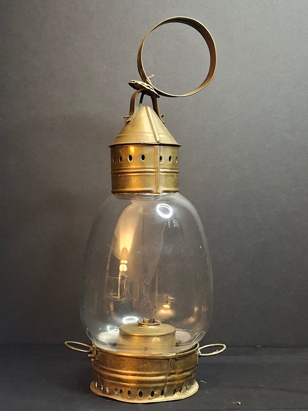 Antique 1840s Heavy Brass Whale Oil Lantern Fixed Globe Pear Shape Thick Glass