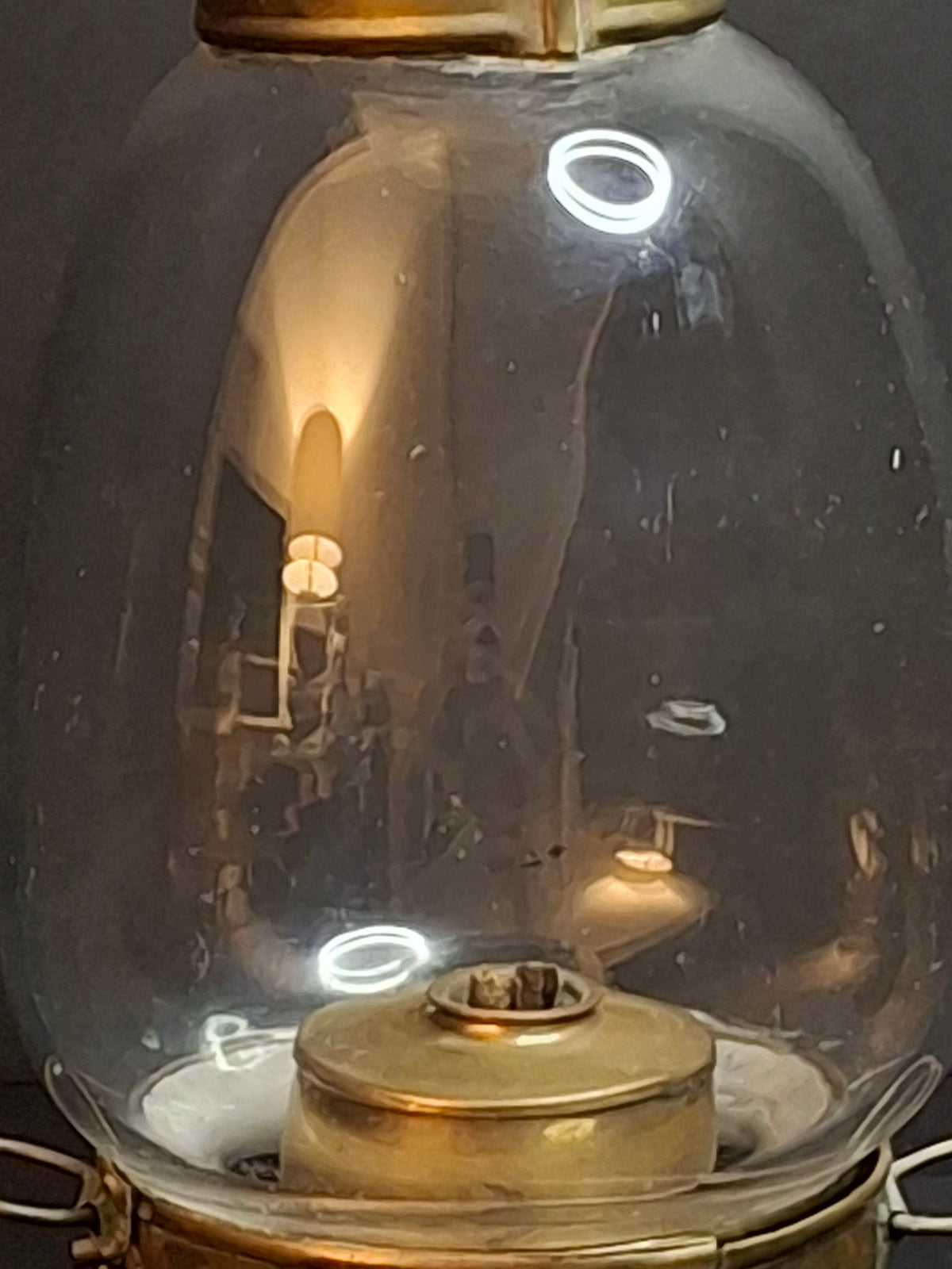 Antique 1840s Heavy Brass Whale Oil Lantern Fixed Globe Pear Shape Thick Glass