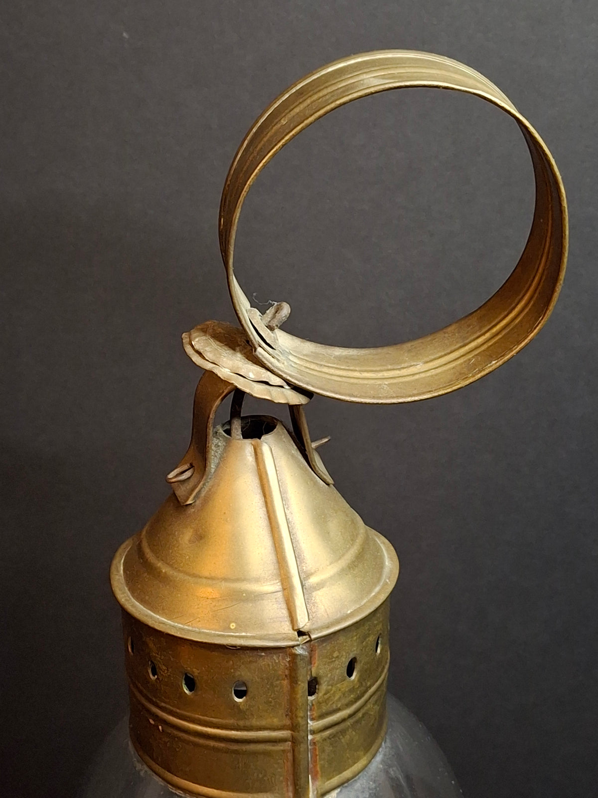 Antique 1840s Heavy Brass Whale Oil Lantern Fixed Globe Pear Shape Thick Glass