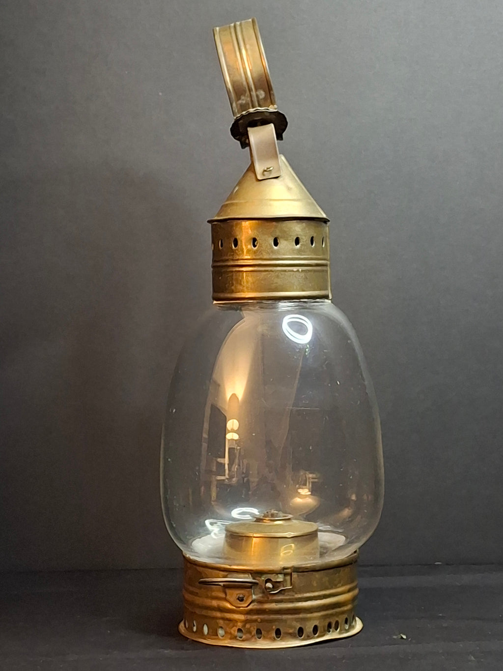 Antique 1840s Heavy Brass Whale Oil Lantern Fixed Globe Pear Shape Thick Glass