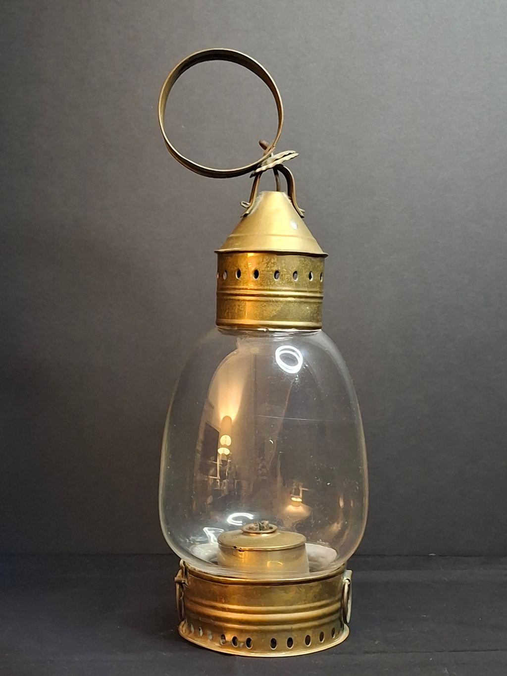 Antique 1840s Heavy Brass Whale Oil Lantern Fixed Globe Pear Shape Thick Glass