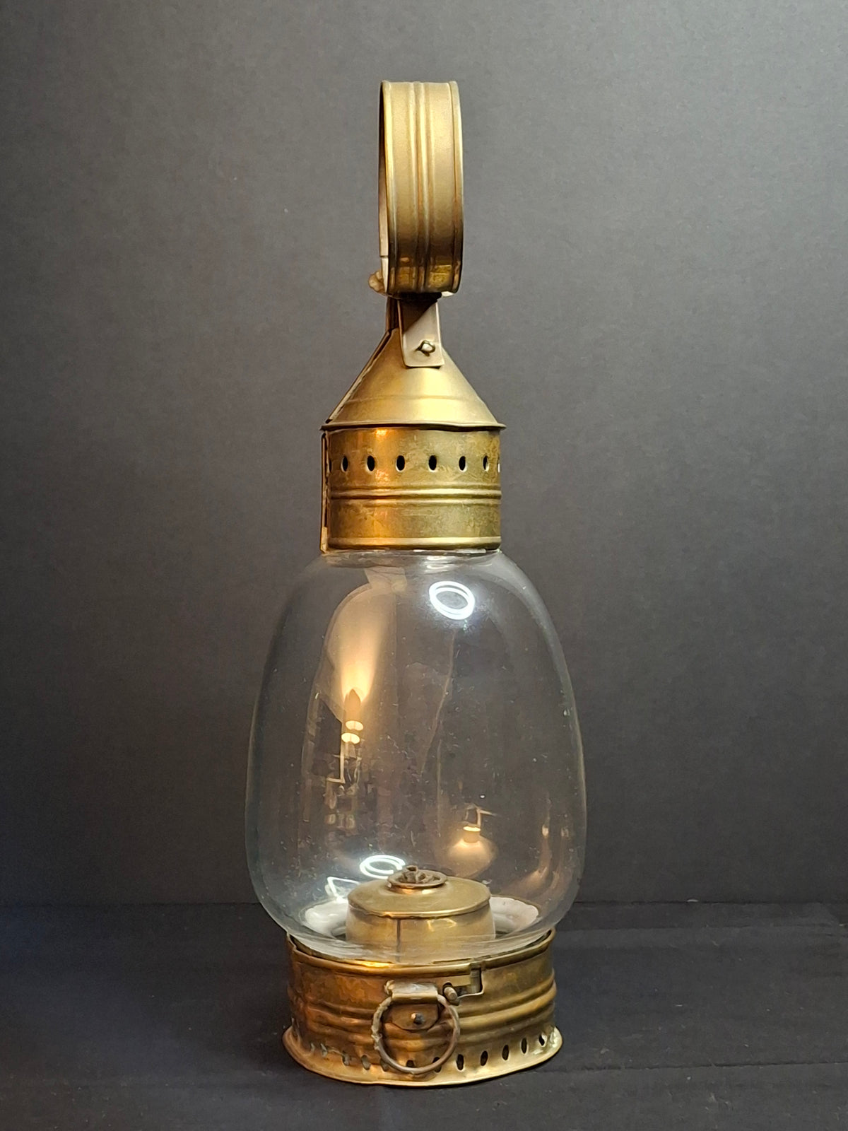 Antique 1840s Heavy Brass Whale Oil Lantern Fixed Globe Pear Shape Thick Glass