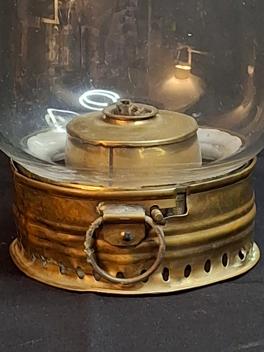 Antique 1840s Heavy Brass Whale Oil Lantern Fixed Globe Pear Shape Thick Glass