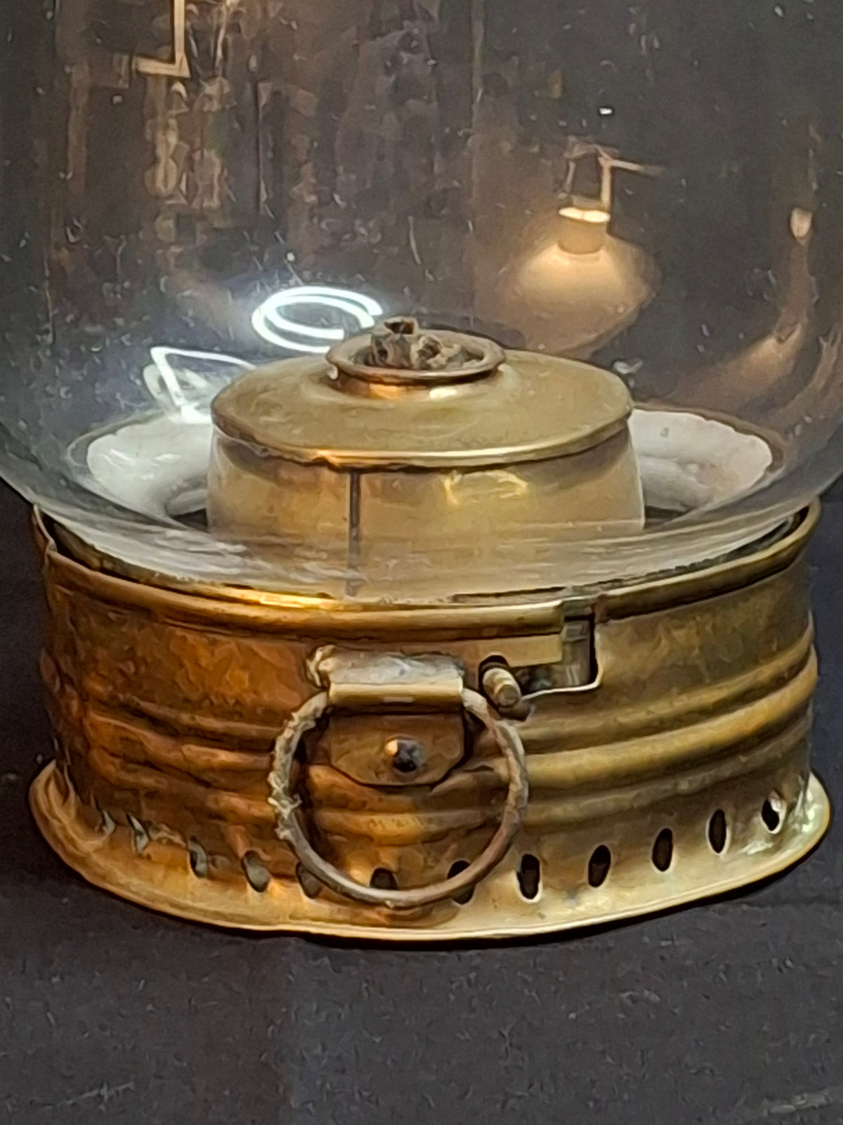 Antique 1840s Heavy Brass Whale Oil Lantern Fixed Globe Pear Shape Thick Glass