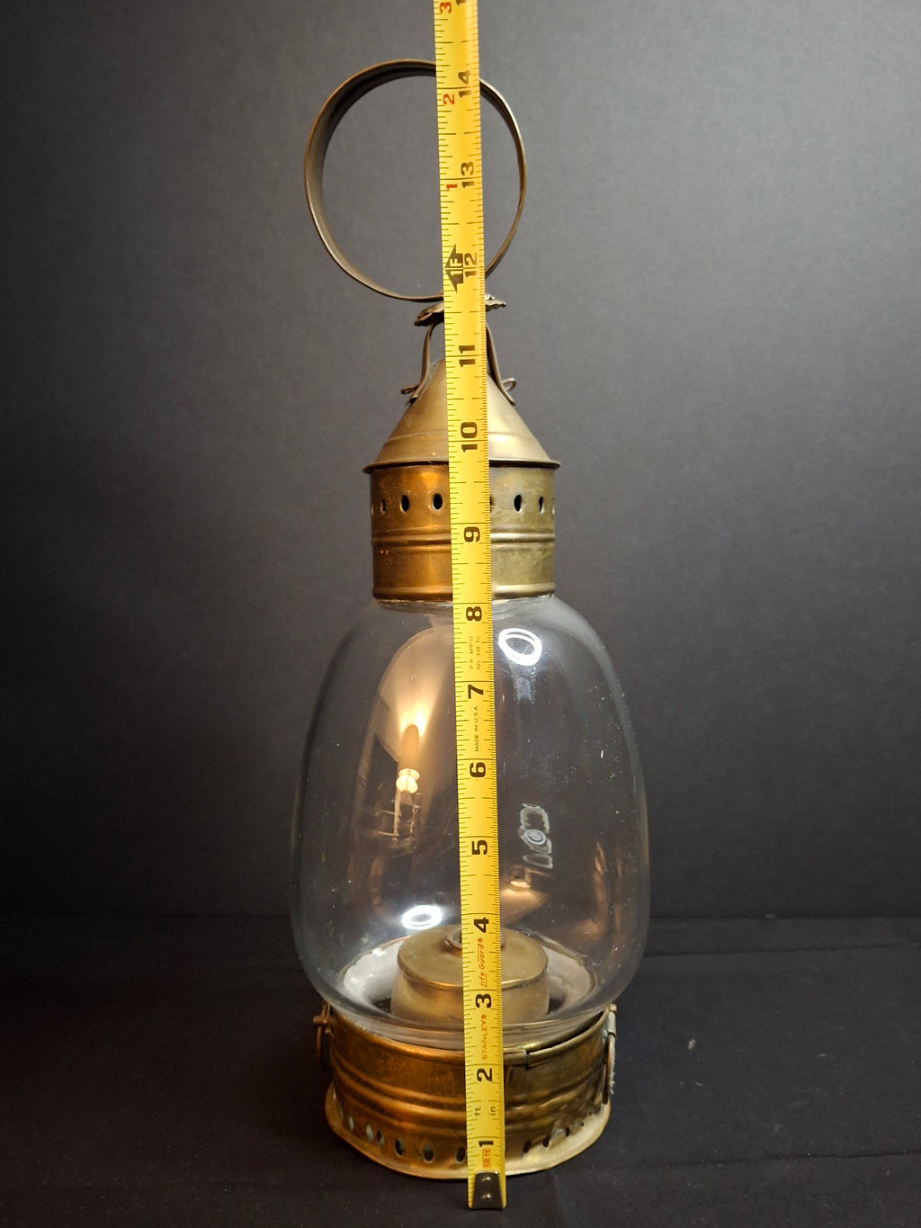 Antique 1840s Heavy Brass Whale Oil Lantern Fixed Globe Pear Shape Thick Glass
