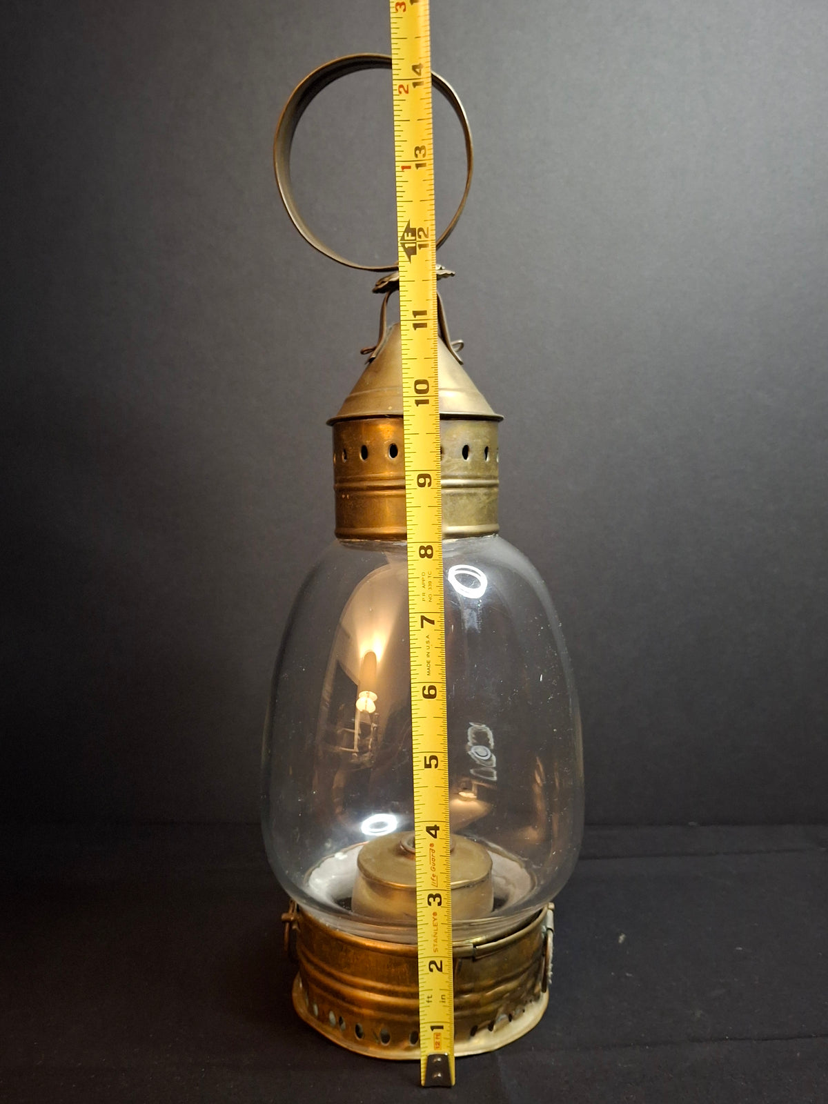 Antique 1840s Heavy Brass Whale Oil Lantern Fixed Globe Pear Shape Thick Glass