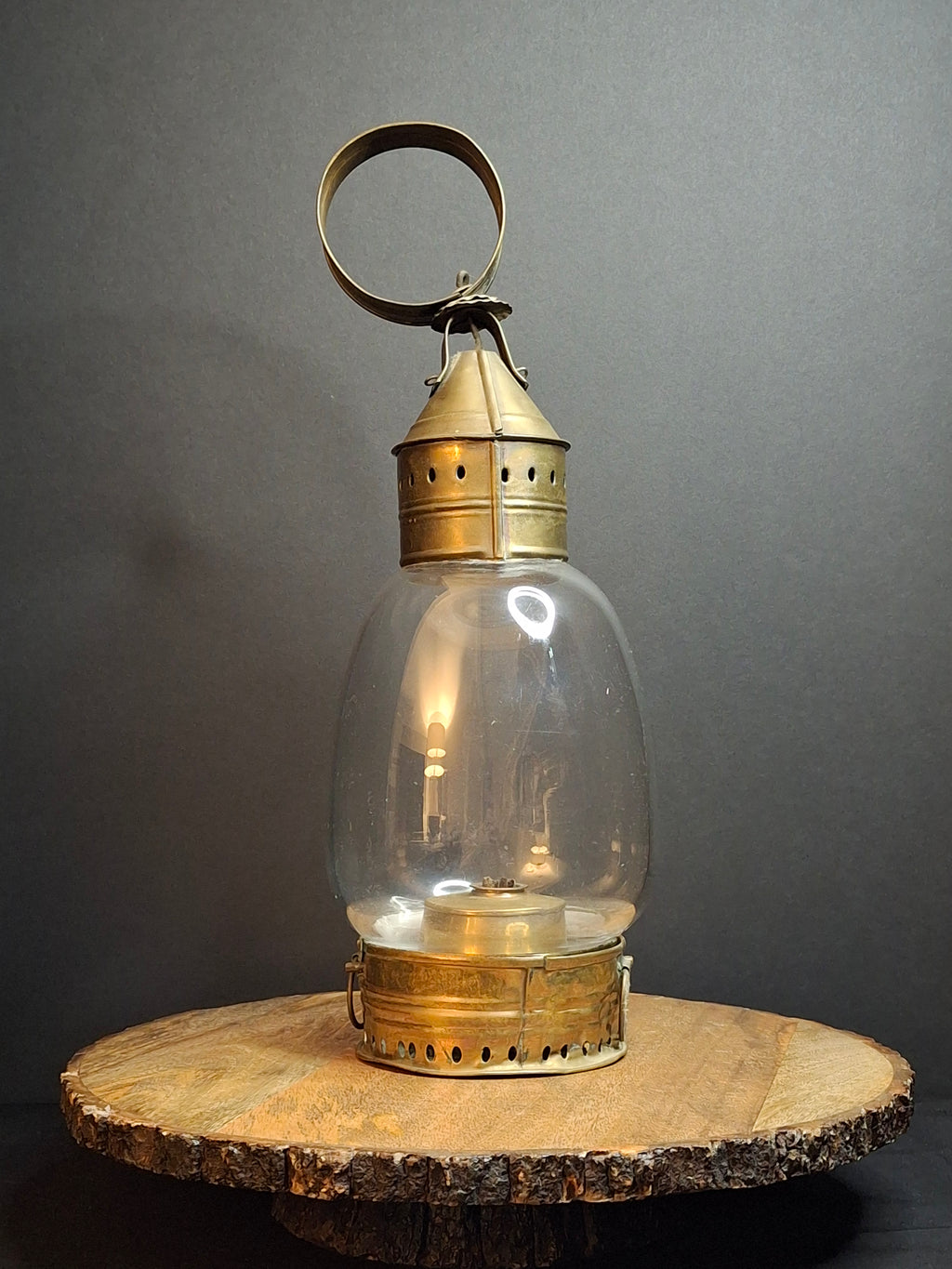 Antique 1840s Heavy Brass Whale Oil Lantern Fixed Globe Pear Shape Thick Glass