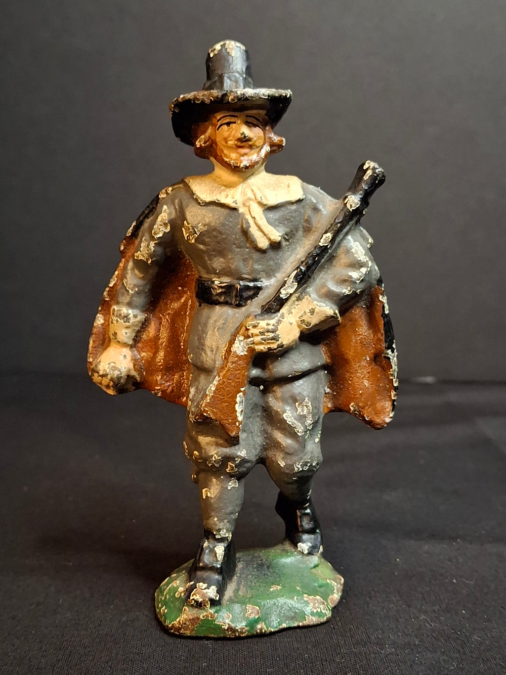 Antique Cast Iron Pilgrim with Musket Man Figurine Paperweight 4.75" Original Polychrome Paint