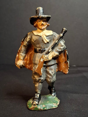 Antique Cast Iron Pilgrim with Musket Man Figurine Paperweight 4.75" Original Polychrome Paint