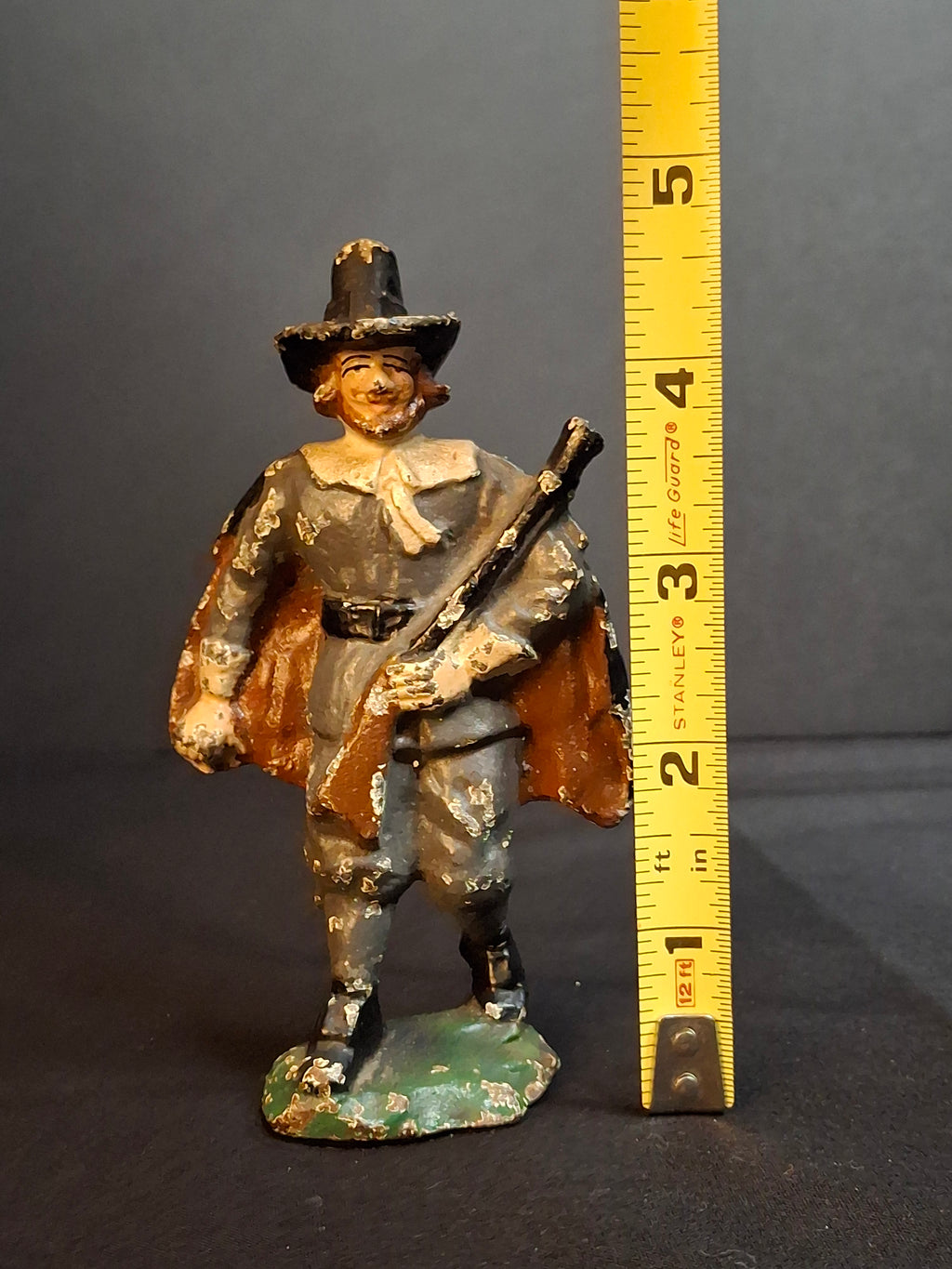 Antique Cast Iron Pilgrim with Musket Man Figurine Paperweight 4.75" Original Polychrome Paint