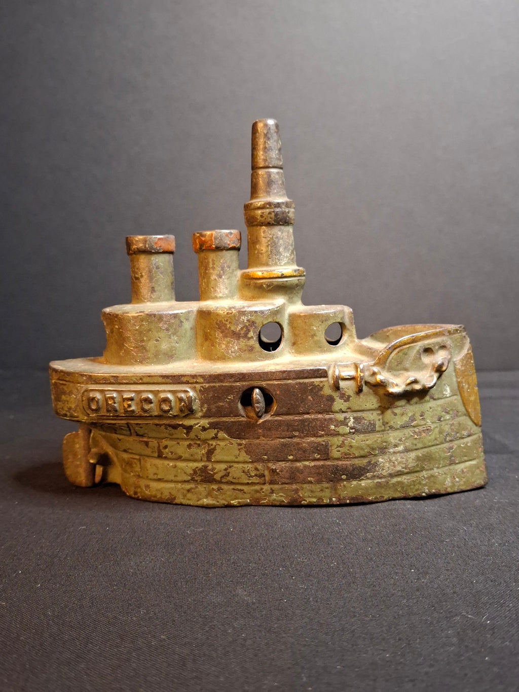 Antique Cast Iron Battleship Oregon Still Penny Bank J&E Stevens Green Paint 1898