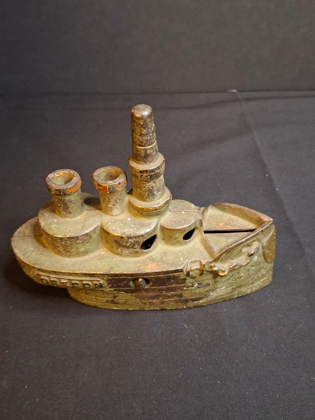 Antique Cast Iron Battleship Oregon Still Penny Bank J&E Stevens Green Paint 1898