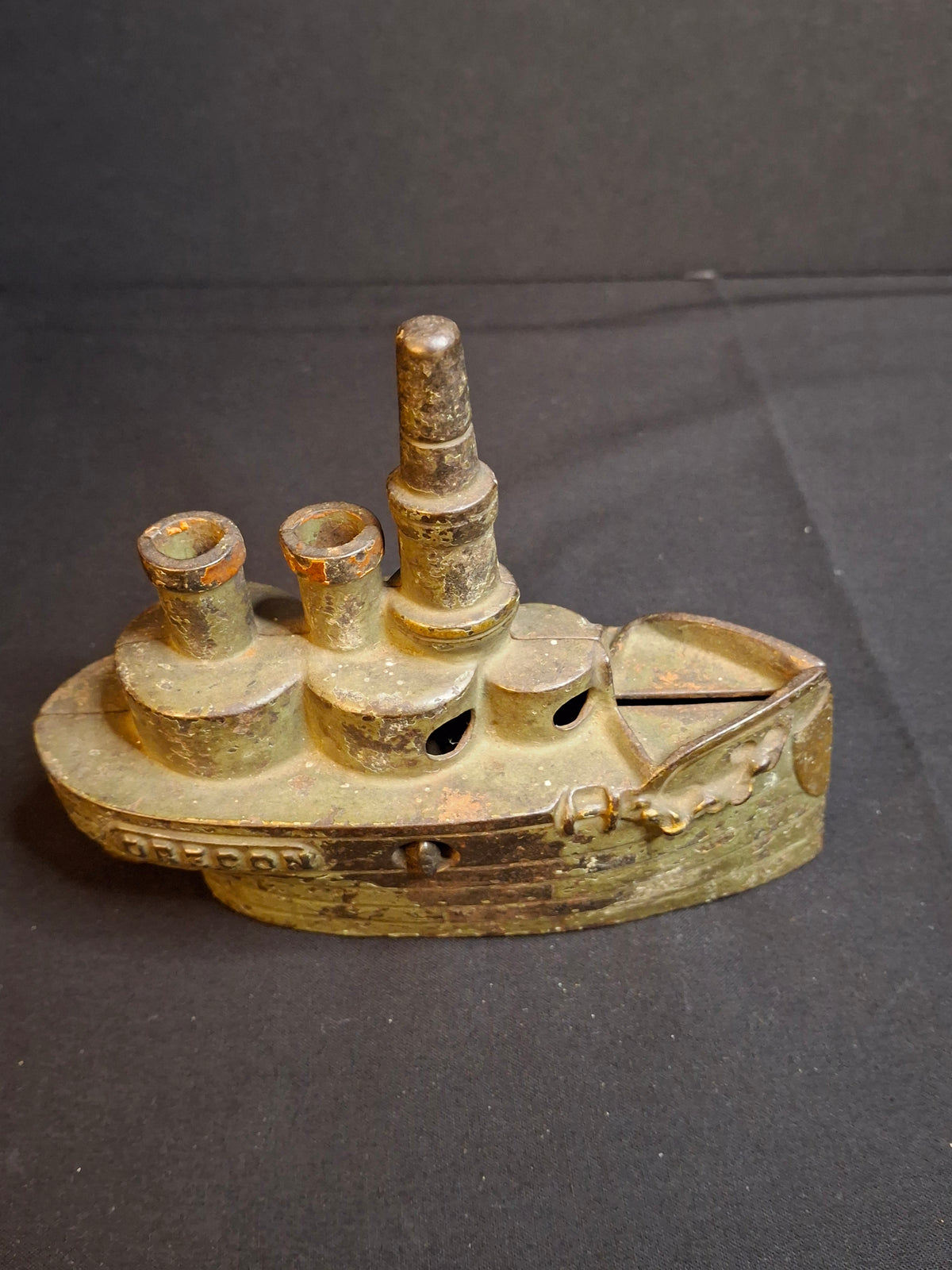 Antique Cast Iron Battleship Oregon Still Penny Bank J&E Stevens Green Paint 1898