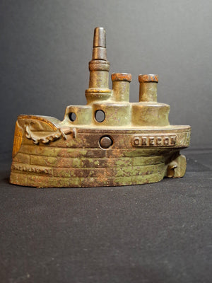Antique Cast Iron Battleship Oregon Still Penny Bank J&E Stevens Green Paint 1898