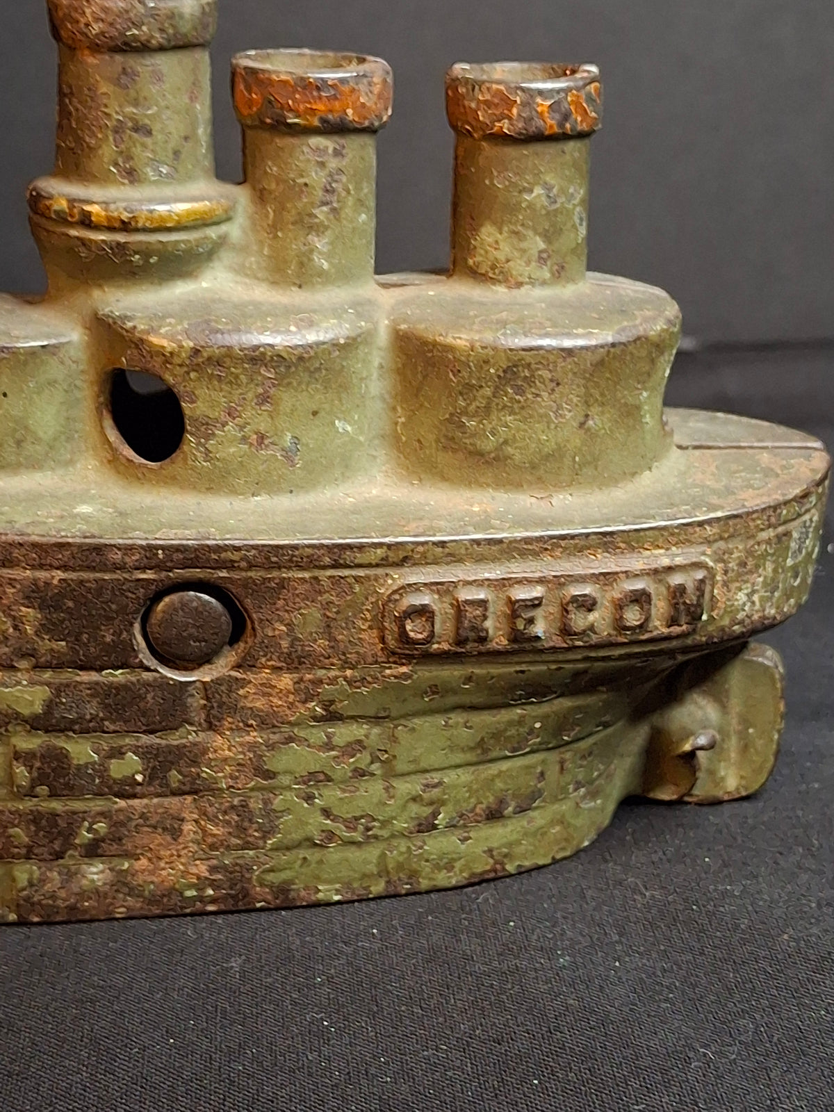 Antique Cast Iron Battleship Oregon Still Penny Bank J&E Stevens Green Paint 1898